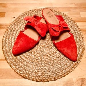 Red suede slip ons